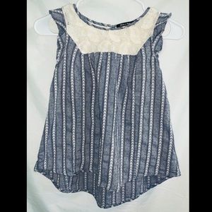 Doe and Rae Lace Yoke Neck Print Chambray Top